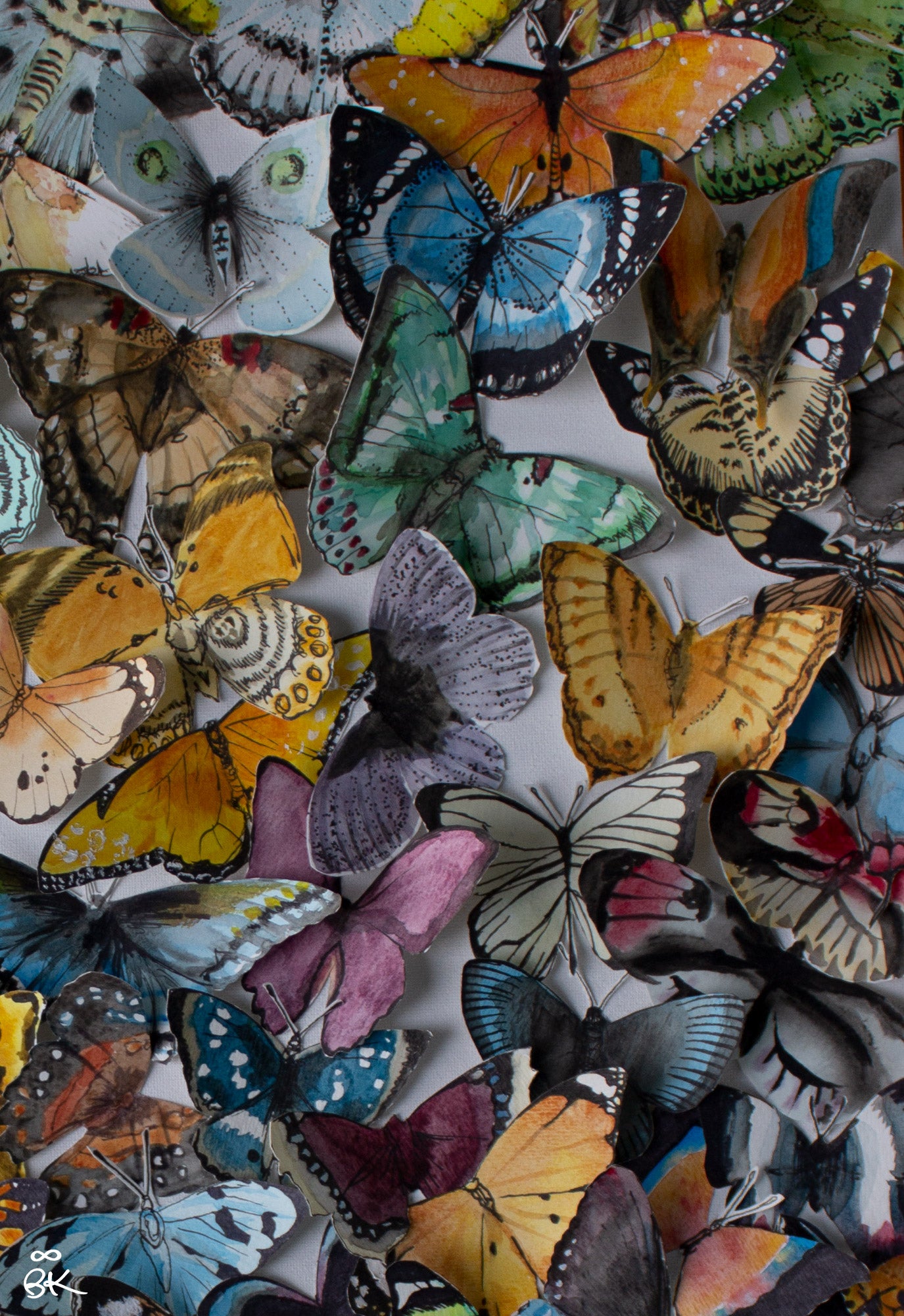 88 Paper Butterflies - Mixed Media Watercolor 17.5" x 23.5"